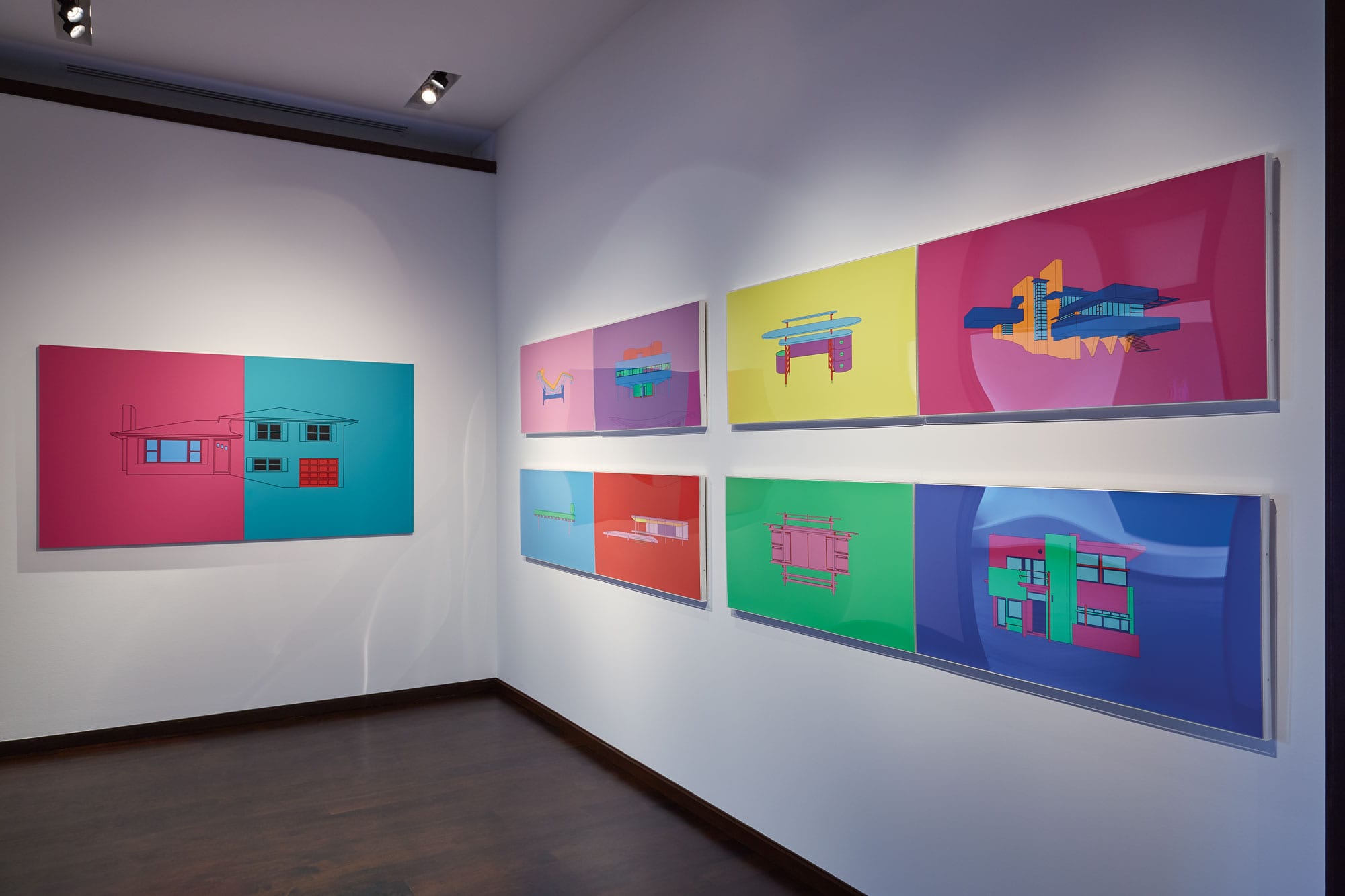 The Ante Room at The Gallery at Windsor showing a painting and silkscreens as part of a Design & Architecture series of works by Michael Craig-Martin.
