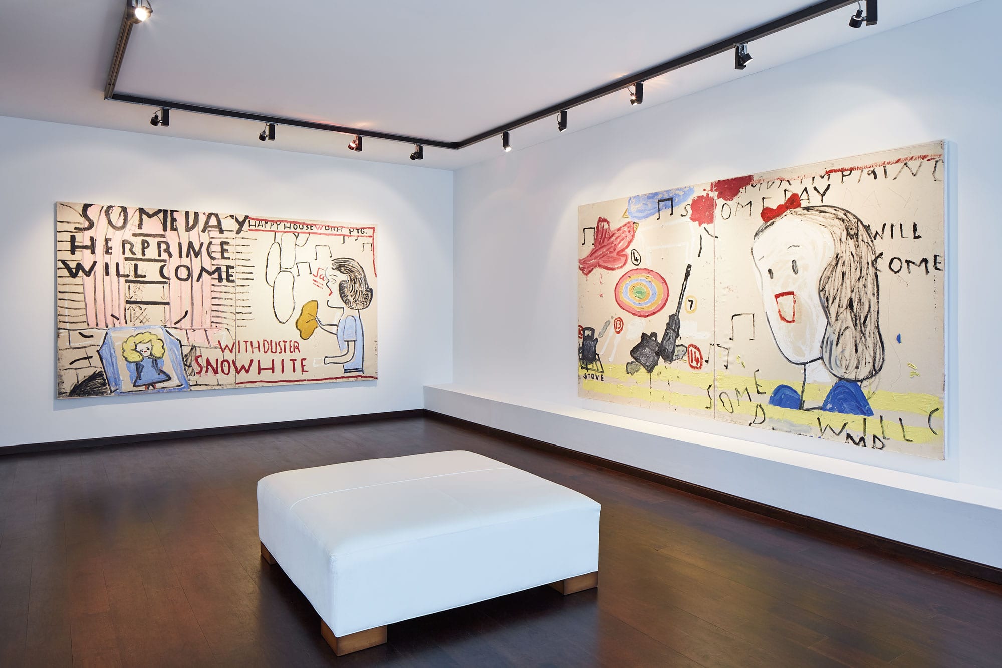 The East Hall at The Gallery at Windsor showing large-scale paintings in the Let it Settle exhibition by Rose Wylie.